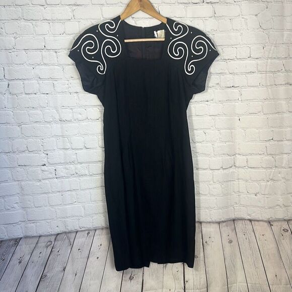 Jessica Howard Vintage 80s Black Evening Cocktail Dress size 6 Made in USA Linen - Picture 1 of 9